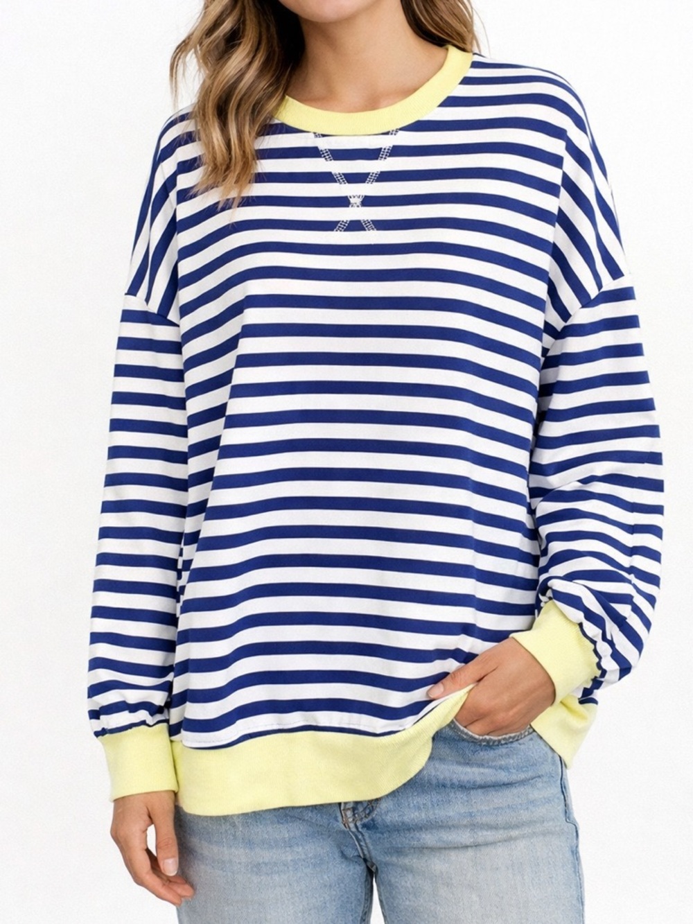 One Eleven North Blue White Striped Pullover Top Yellow Trim M
